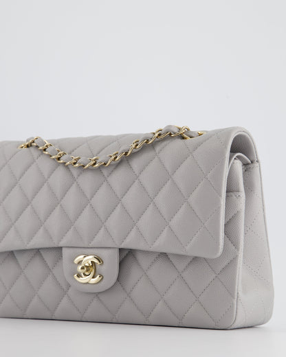 Chanel Medium Dove Grey Classic Double Flap in Caviar Leather with Champagne Gold Hardware