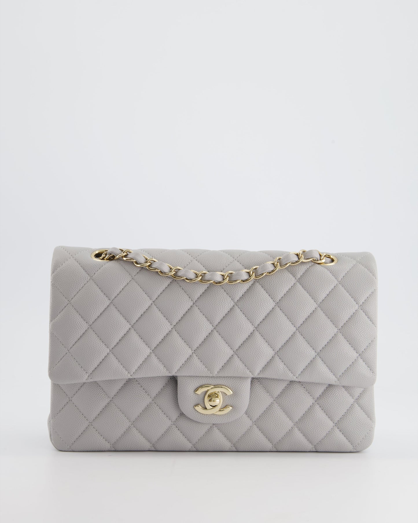 Chanel Medium Dove Grey Classic Double Flap in Caviar Leather with Champagne Gold Hardware