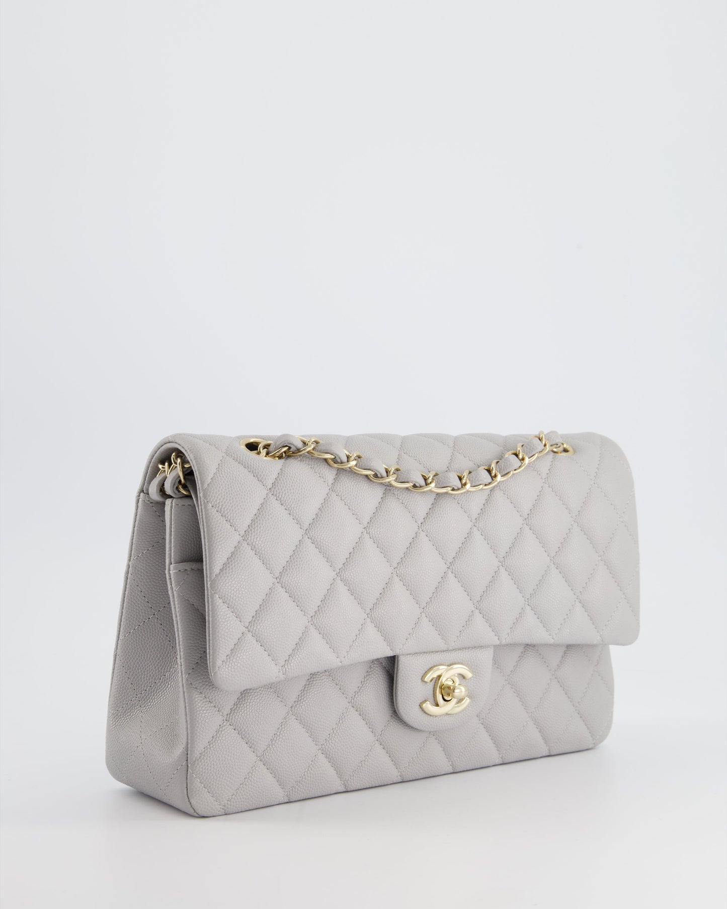 Chanel Medium Dove Grey Classic Double Flap in Caviar Leather with Champagne Gold Hardware