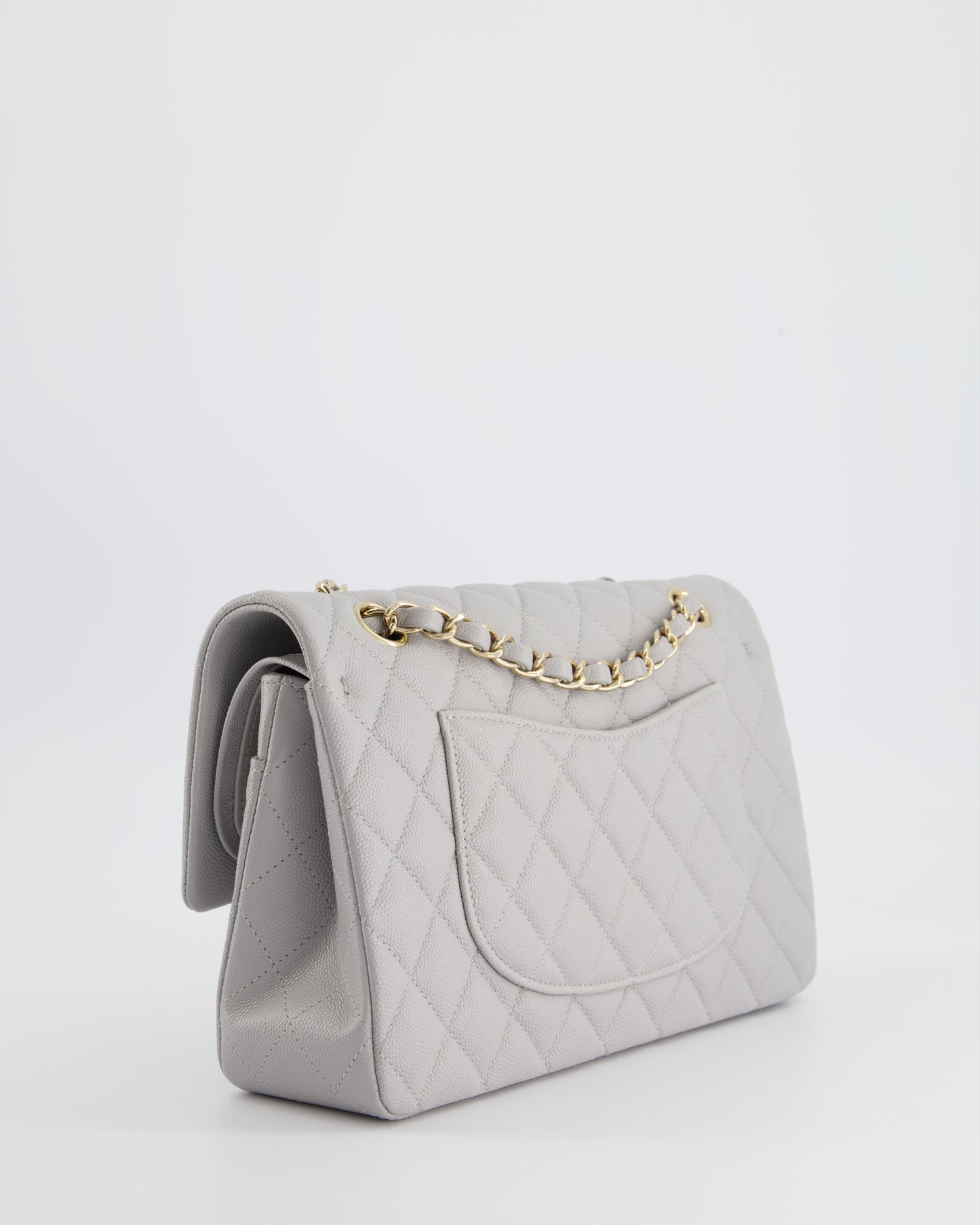 Chanel Medium Dove Grey Classic Double Flap in Caviar Leather with Champagne Gold Hardware