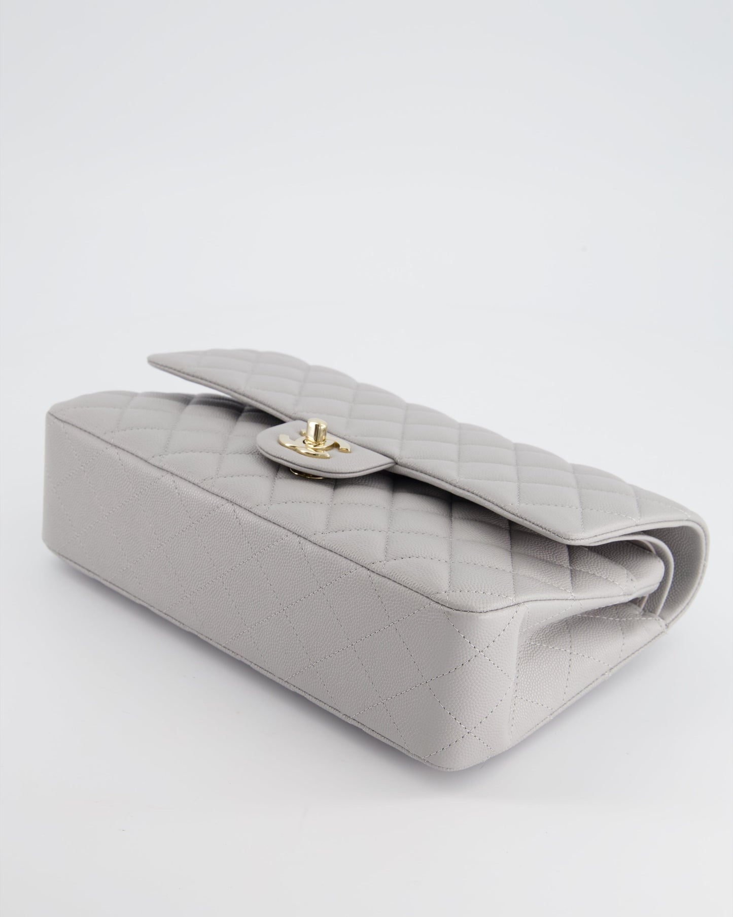 Chanel Medium Dove Grey Classic Double Flap in Caviar Leather with Champagne Gold Hardware