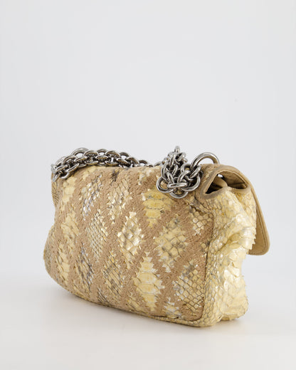 Chanel Beige and Gold Python and Crochet Flap Shoulder Bag with Ruthenium Hardware and Large Chain Strap