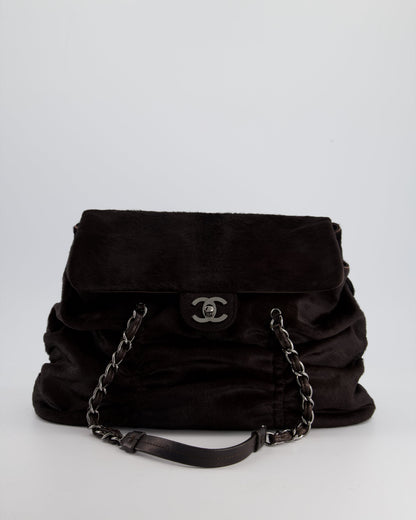 Chanel Dark Brown Pony Hair Ruched Bag with Silver Hardware