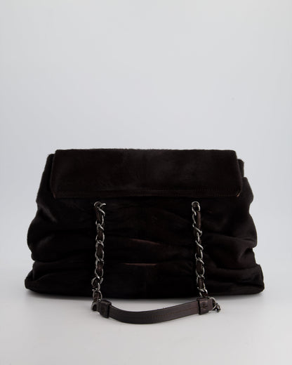 Chanel Dark Brown Pony Hair Ruched Bag with Silver Hardware