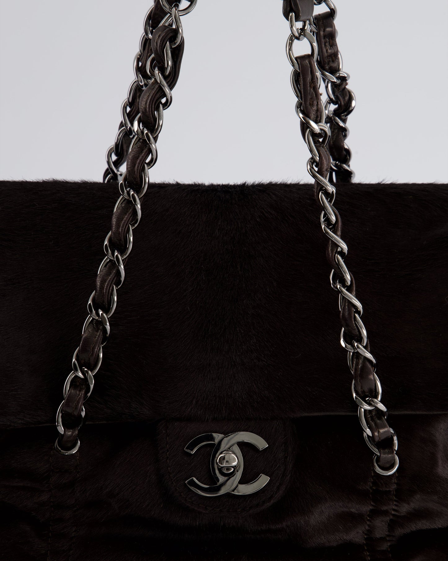 Chanel Dark Brown Pony Hair Ruched Bag with Silver Hardware