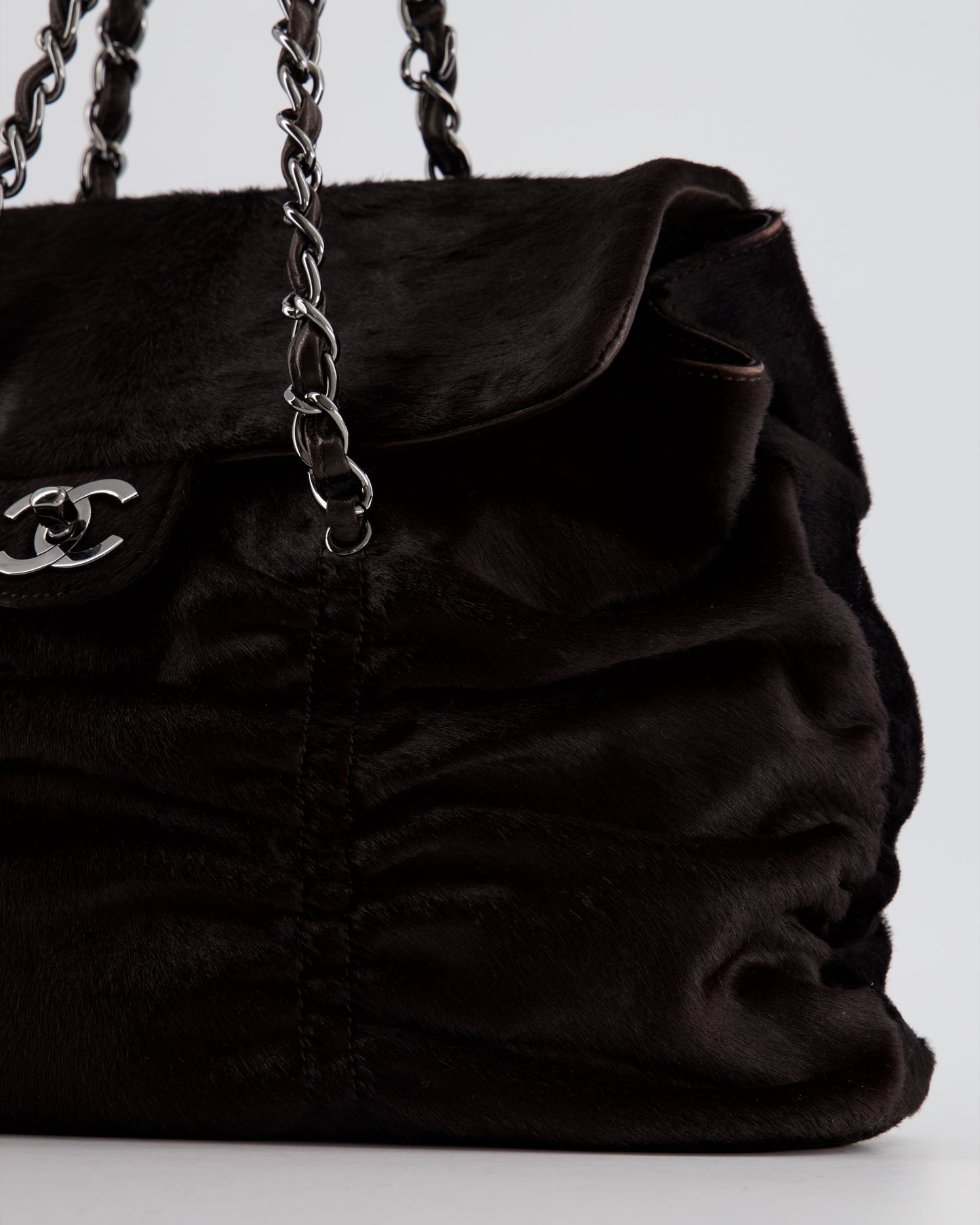 Chanel Dark Brown Pony Hair Ruched Bag with Silver Hardware
