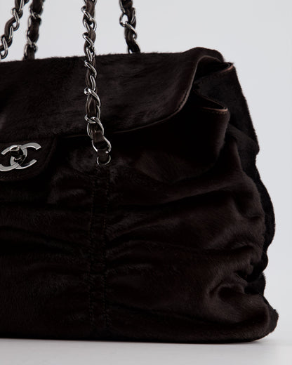 Chanel Dark Brown Pony Hair Ruched Bag with Silver Hardware