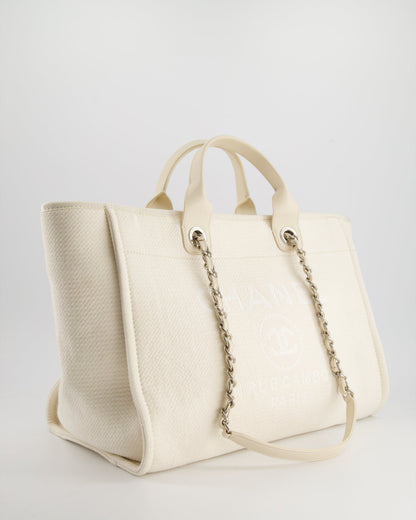Chanel Large Cream Canvas Deauville Tote Bag with Silver Hardware