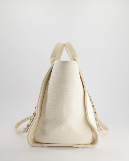 Chanel Large Cream Canvas Deauville Tote Bag with Silver Hardware