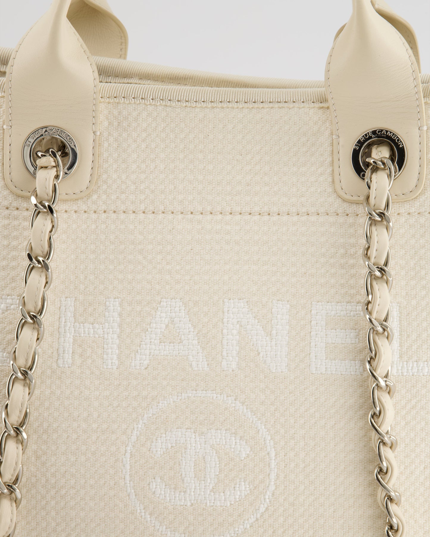 Chanel Large Cream Canvas Deauville Tote Bag with Silver Hardware