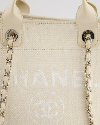 Chanel Large Cream Canvas Deauville Tote Bag with Silver Hardware