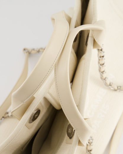 Chanel Large Cream Canvas Deauville Tote Bag with Silver Hardware