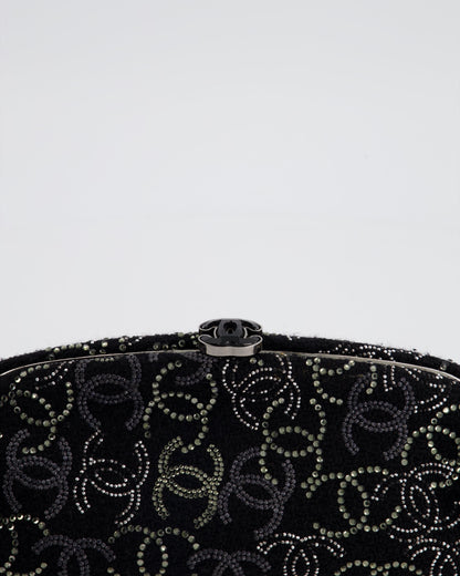 Chanel Black Timeless Clutch Bag in Fabric with Gunmetal Hardware and Crystal Logo Details