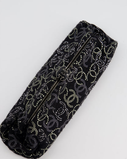 Chanel Black Timeless Clutch Bag in Fabric with Gunmetal Hardware and Crystal Logo Details
