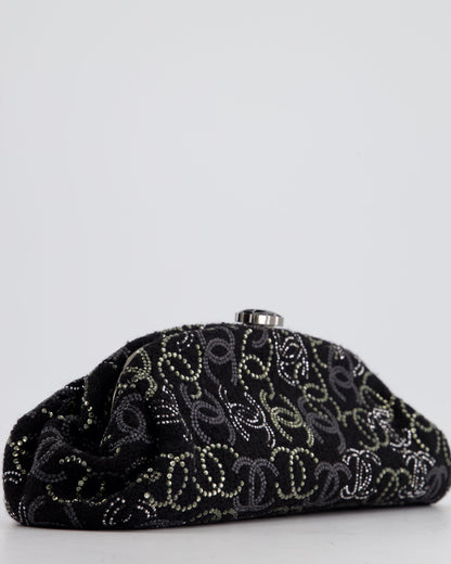 Chanel Black Timeless Clutch Bag in Fabric with Gunmetal Hardware and Crystal Logo Details
