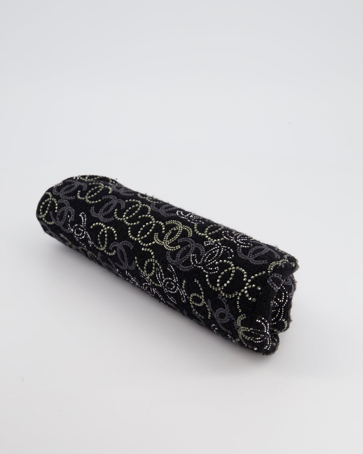 Chanel Black Timeless Clutch Bag in Fabric with Gunmetal Hardware and Crystal Logo Details