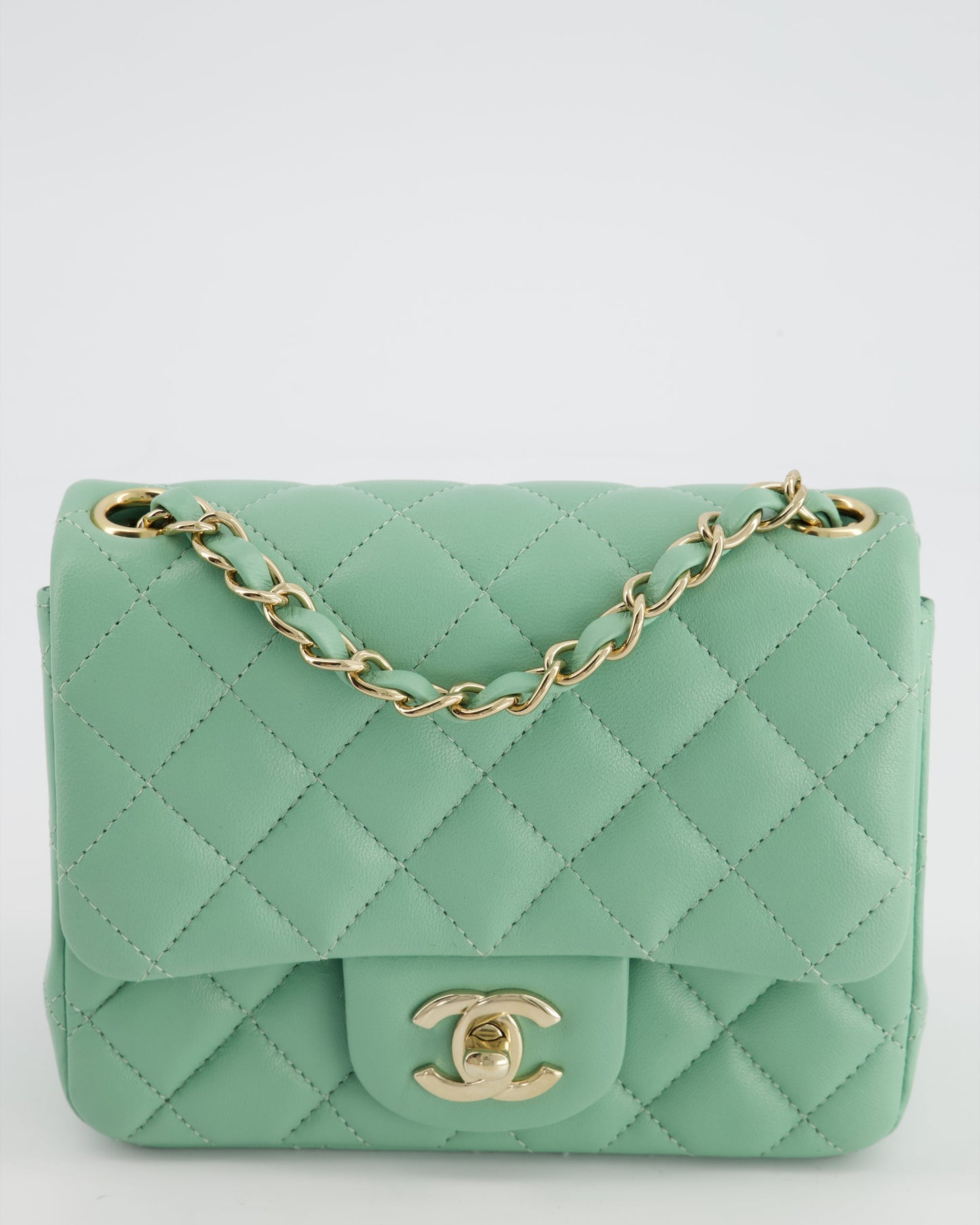COLOUR* Chanel Green Tea Mini Square Bag in Lambskin Leather with Champagne Gold Hardware