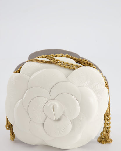 Chanel 23K White Camelia Evening Round Bag with Gold Hardware and CC Detail