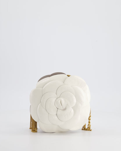 Chanel 23K White Camelia Evening Round Bag with Gold Hardware and CC Detail