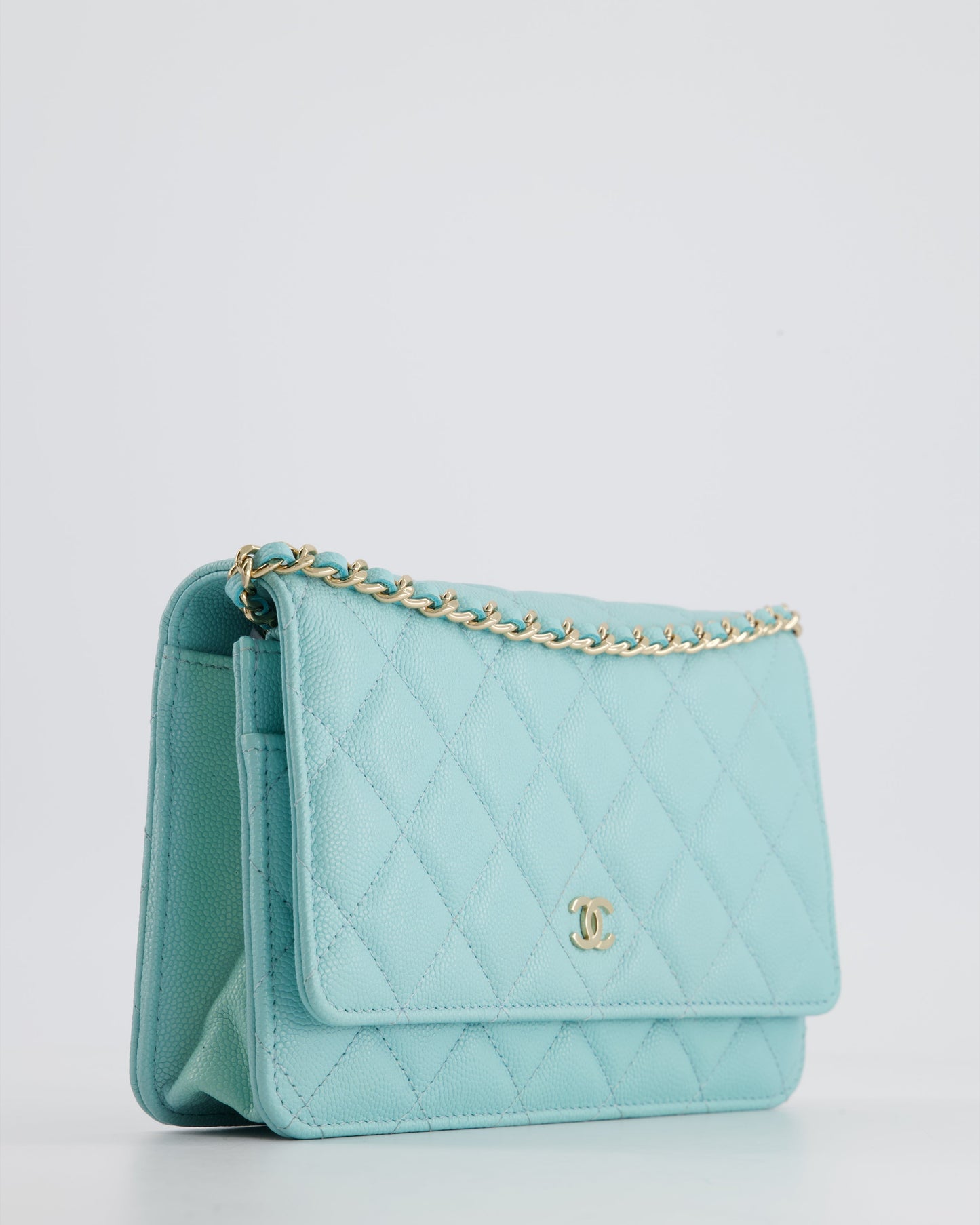 Chanel Tiffany Blue Wallet on Chain Bag in Caviar with Champagne Gold Hardware