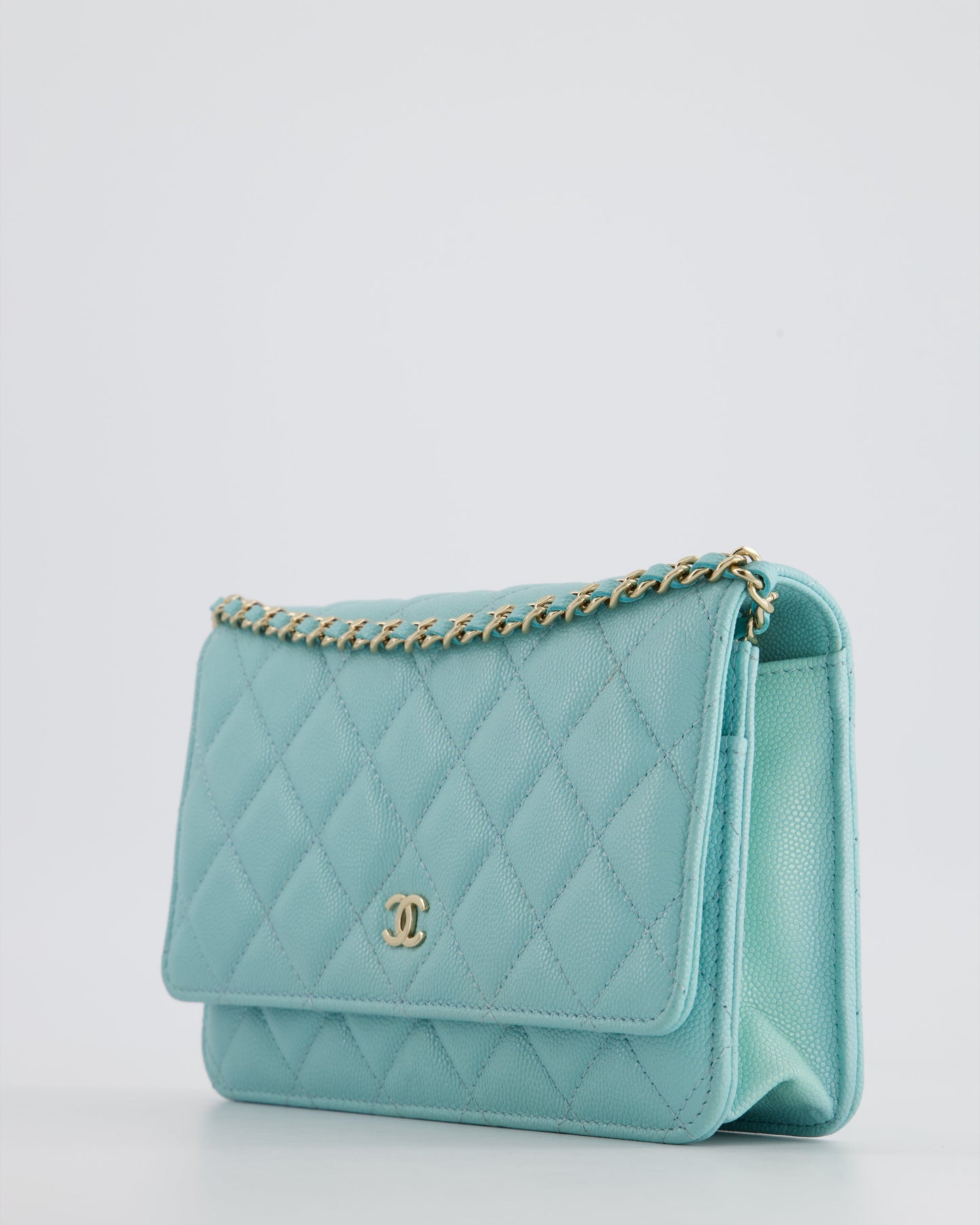 Chanel Tiffany Blue Wallet on Chain Bag in Caviar with Champagne Gold Hardware