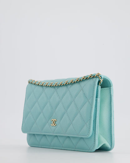 Chanel Tiffany Blue Wallet on Chain Bag in Caviar with Champagne Gold Hardware