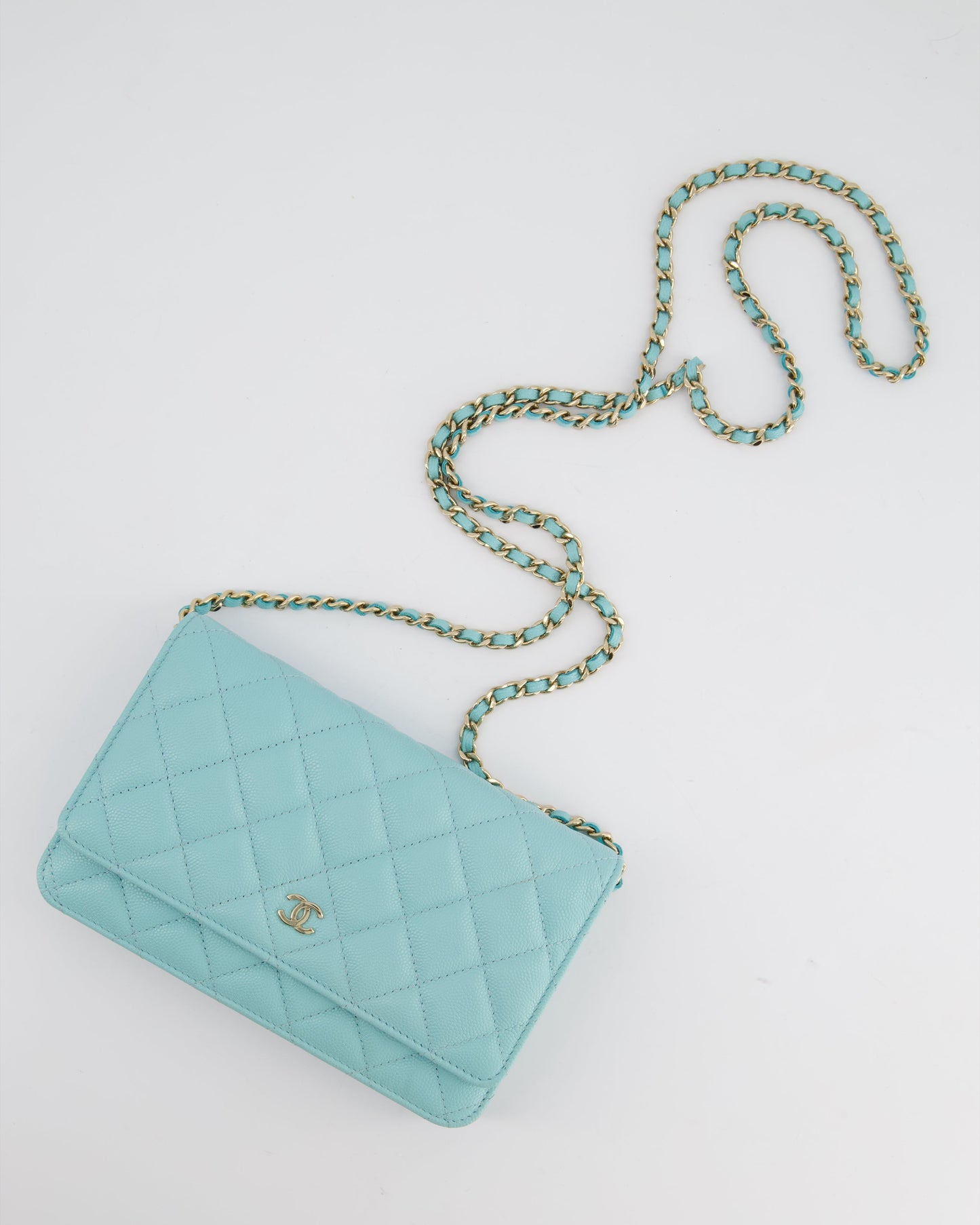 Chanel Tiffany Blue Wallet on Chain Bag in Caviar with Champagne Gold Hardware