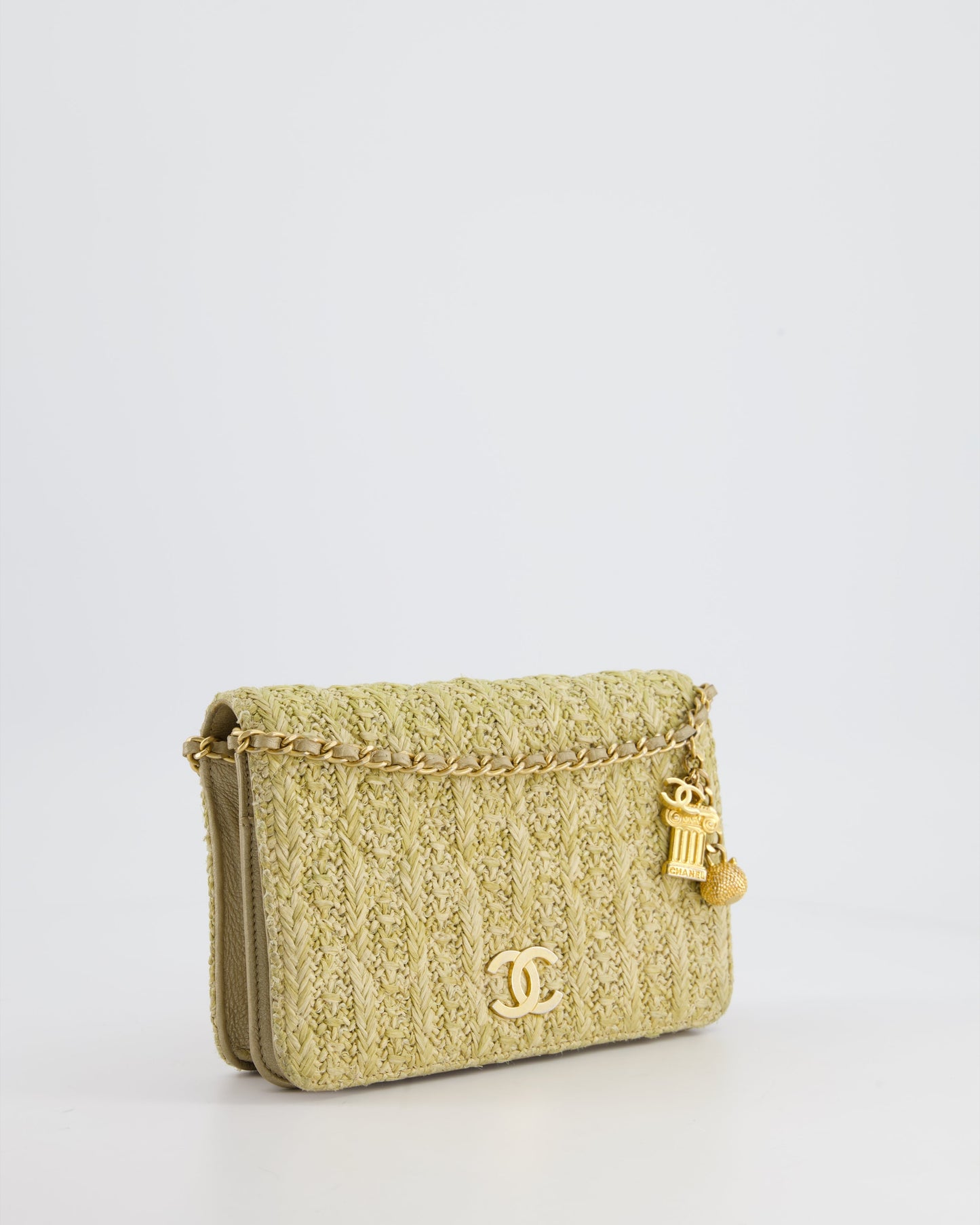 Chanel Raffia Wallet on Chain Bag in Gold Lambskin with Gold Hardware and Charm Detail