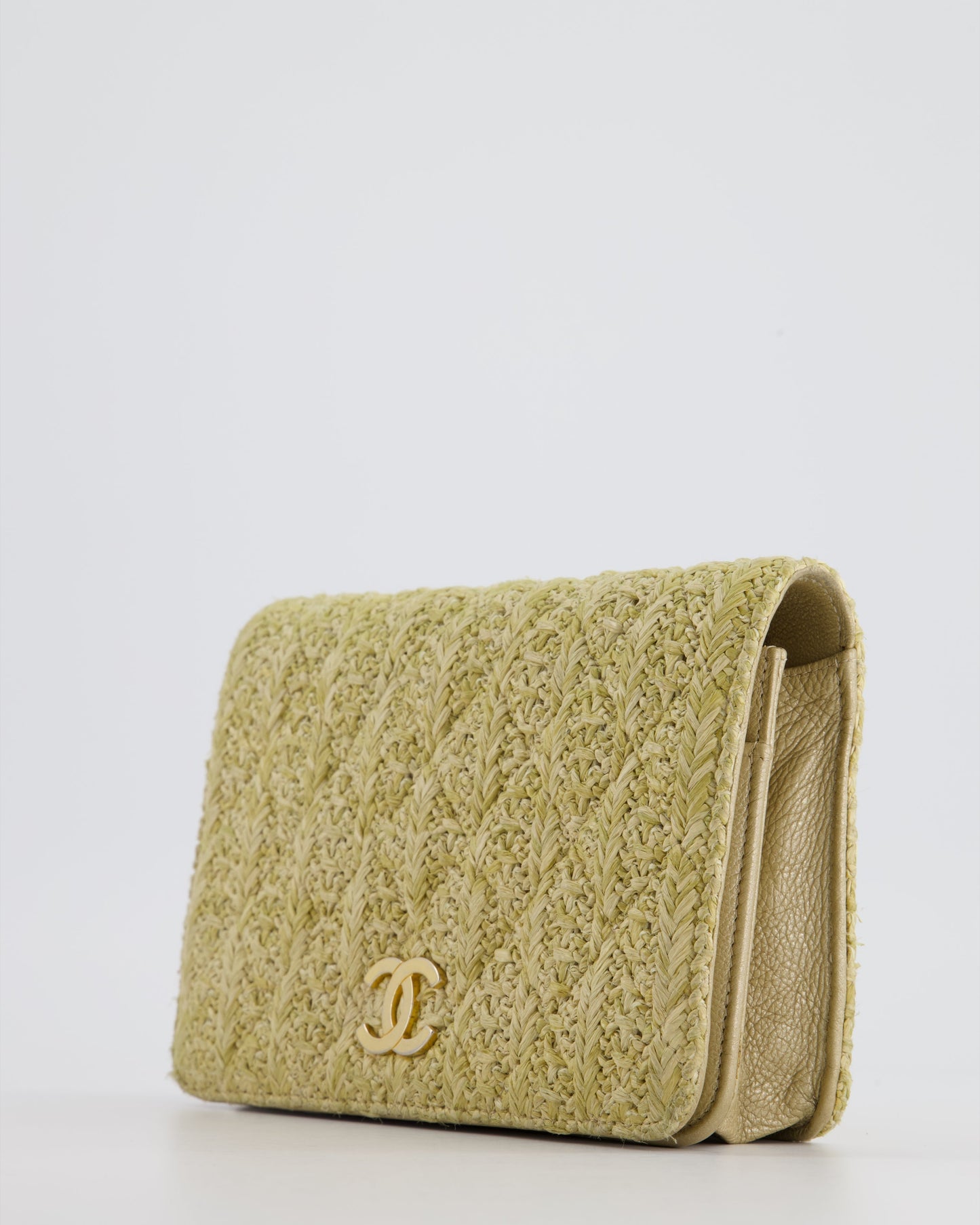 Chanel Raffia Wallet on Chain Bag in Gold Lambskin with Gold Hardware and Charm Detail