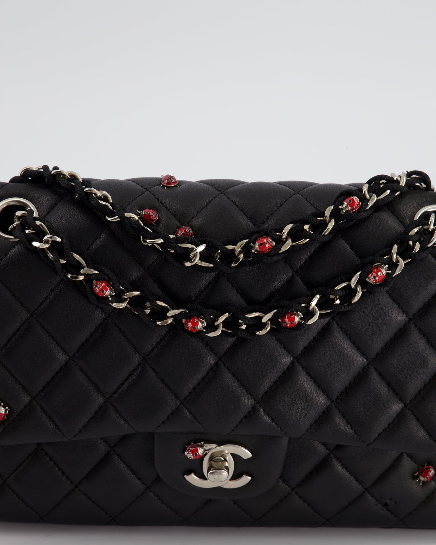 *LIMITED EDITION* Chanel Black Single Flap Bag with Ladybird Embellishment in Lambskin with Silver Hardware