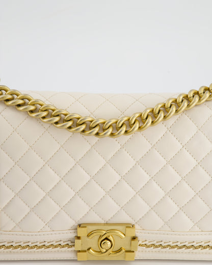 Chanel 17P White Medium Boy Bag in Lambskin Leather with Brushed Gold Hardware and Gold Chain Detail