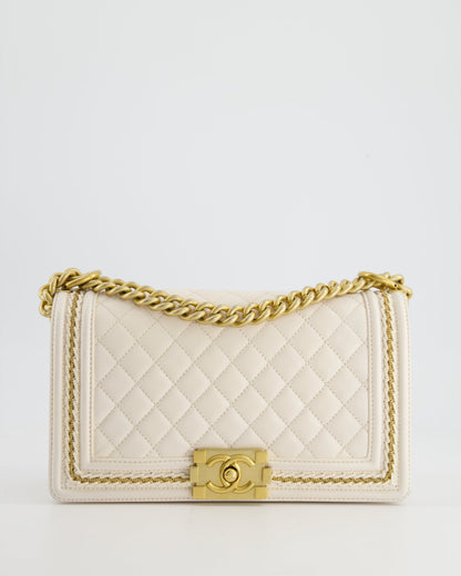 Chanel 17P White Medium Boy Bag in Lambskin Leather with Brushed Gold Hardware and Gold Chain Detail