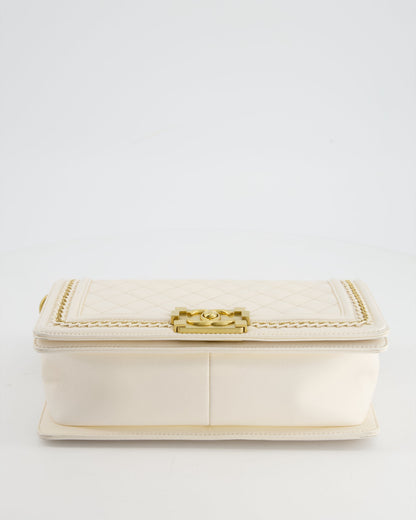 Chanel 17P White Medium Boy Bag in Lambskin Leather with Brushed Gold Hardware and Gold Chain Detail