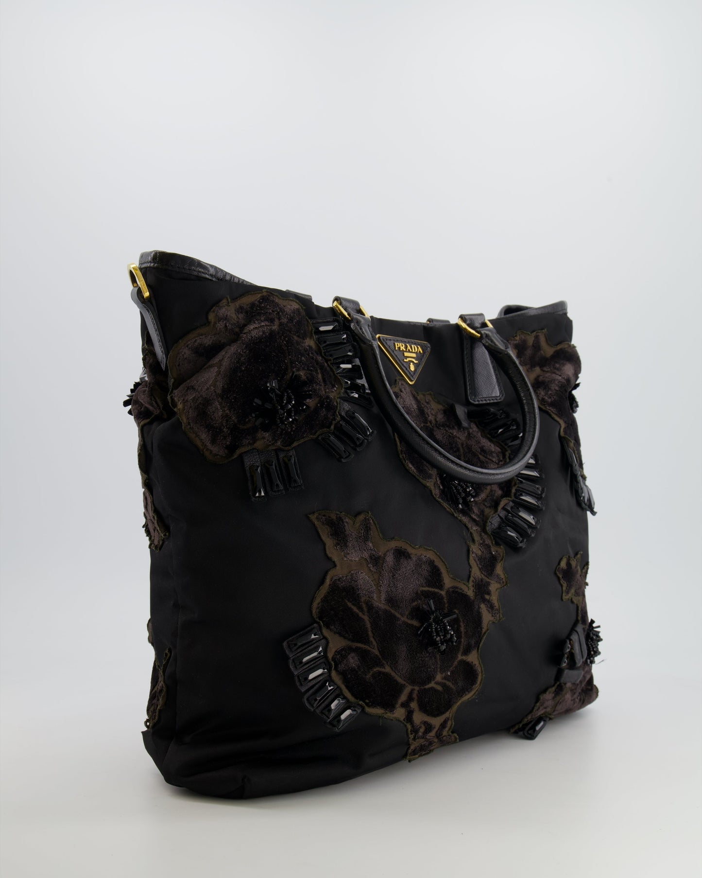 Prada Black Nylon Tote Bag with Gold Hardware, Velvet and Crystal Embroideries