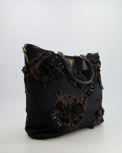 Prada Black Nylon Tote Bag with Gold Hardware, Velvet and Crystal Embroideries