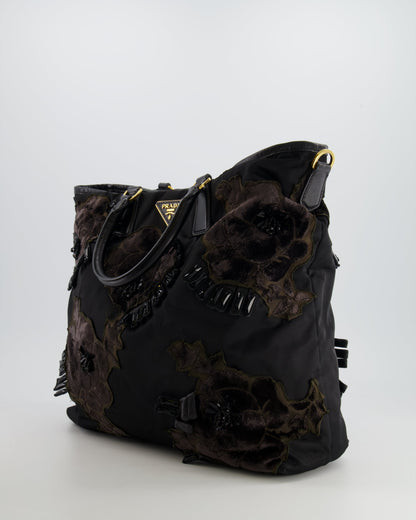 Prada Black Nylon Tote Bag with Gold Hardware, Velvet and Crystal Embroideries