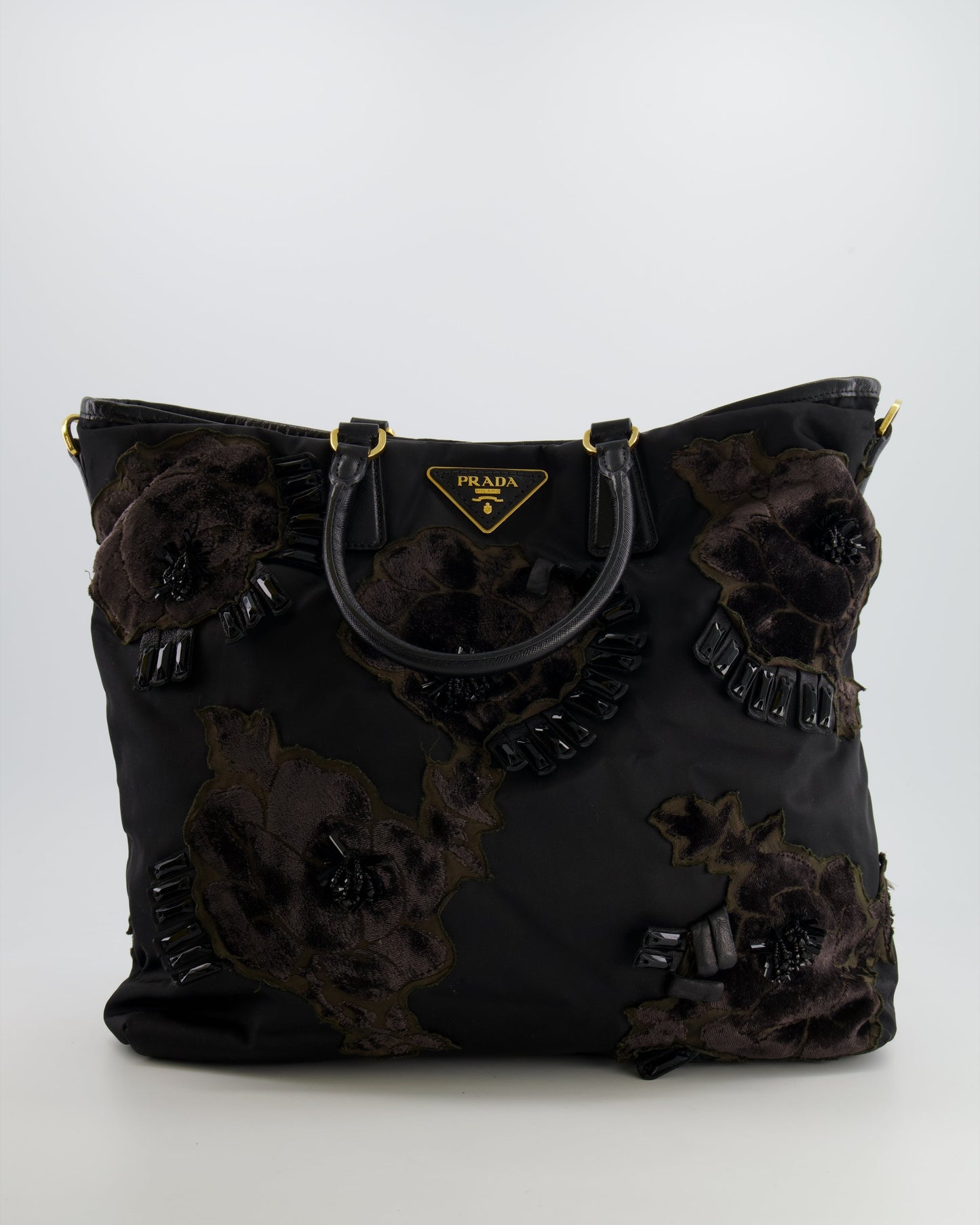 Prada Black Nylon Tote Bag with Gold Hardware, Velvet and Crystal Embroideries