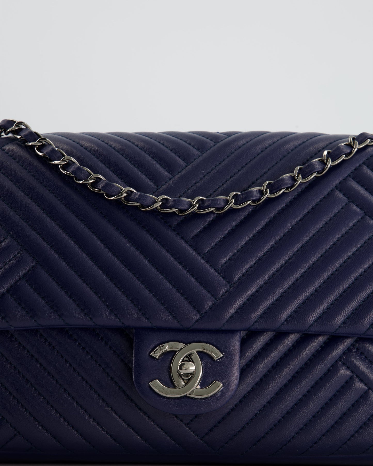Chanel Navy Jumbo Chevron Quilted Flap Bag in Lambskin Leather with Gun Metal Silver Hardware