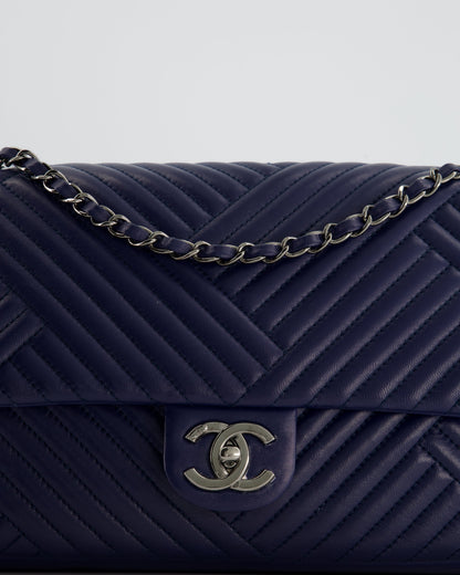 Chanel Navy Jumbo Chevron Quilted Flap Bag in Lambskin Leather with Gun Metal Silver Hardware