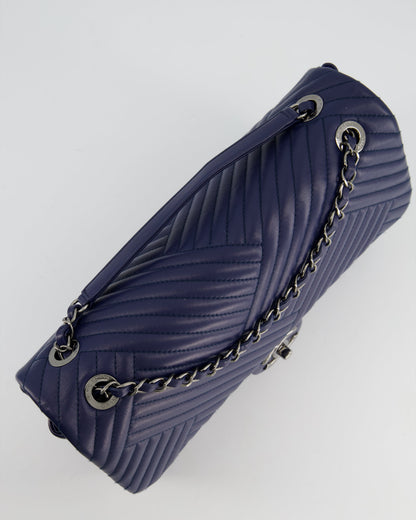 Chanel Navy Jumbo Chevron Quilted Flap Bag in Lambskin Leather with Gun Metal Silver Hardware