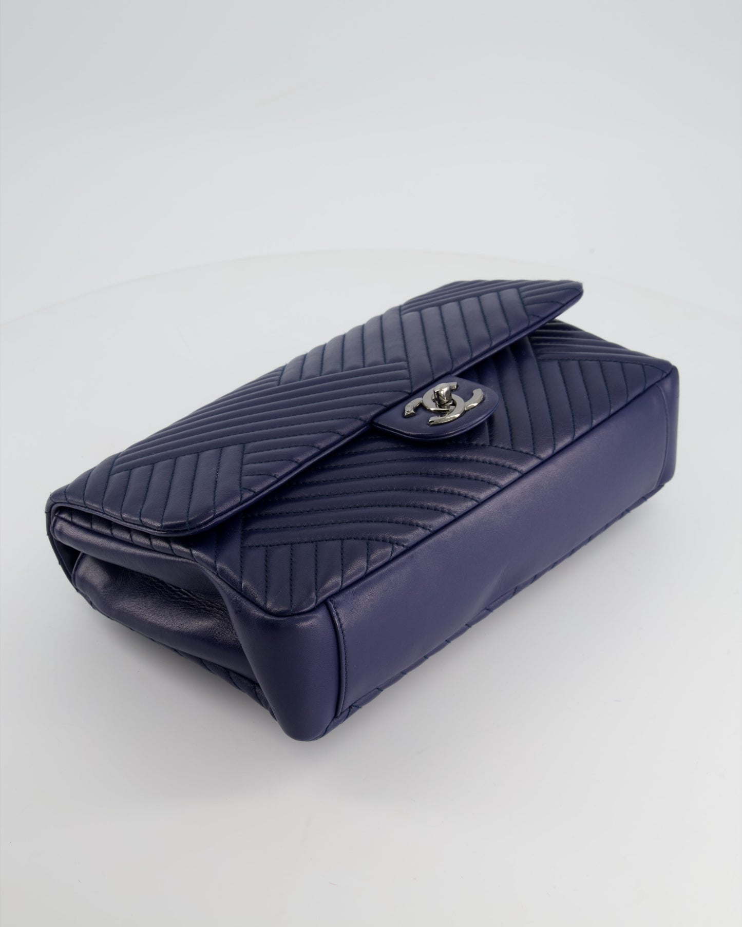Chanel Navy Jumbo Chevron Quilted Flap Bag in Lambskin Leather with Gun Metal Silver Hardware