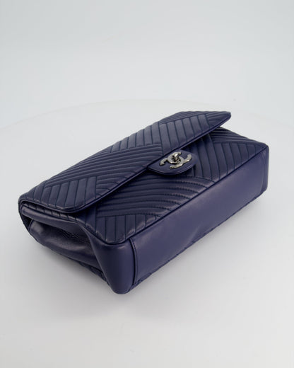 Chanel Navy Jumbo Chevron Quilted Flap Bag in Lambskin Leather with Gun Metal Silver Hardware