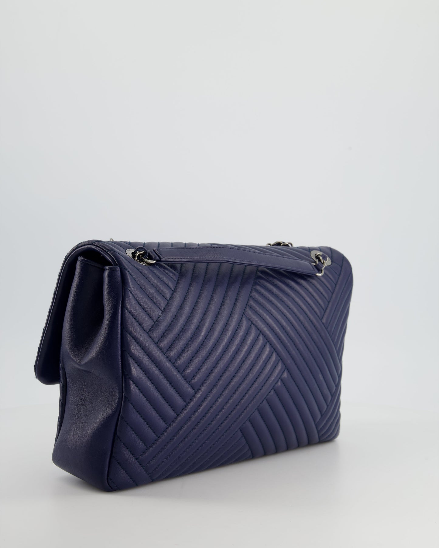 Chanel Navy Jumbo Chevron Quilted Flap Bag in Lambskin Leather with Gun Metal Silver Hardware