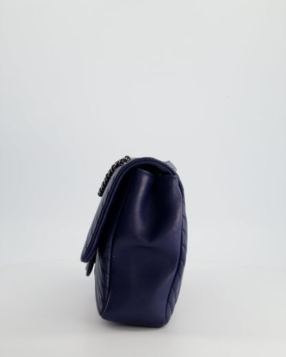 Chanel Navy Jumbo Chevron Quilted Flap Bag in Lambskin Leather with Gun Metal Silver Hardware