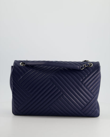 Chanel Navy Jumbo Chevron Quilted Flap Bag in Lambskin Leather with Gun Metal Silver Hardware