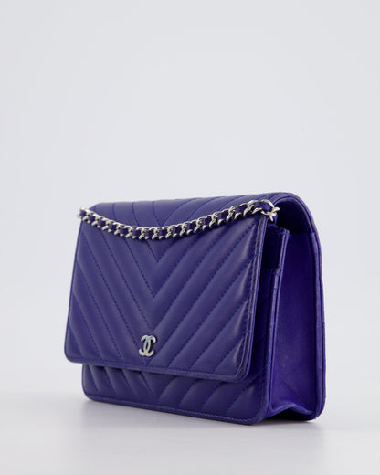 Chanel Cobalt Blue Chevron Wallet on Chain in Lambskin with Silver Hardware