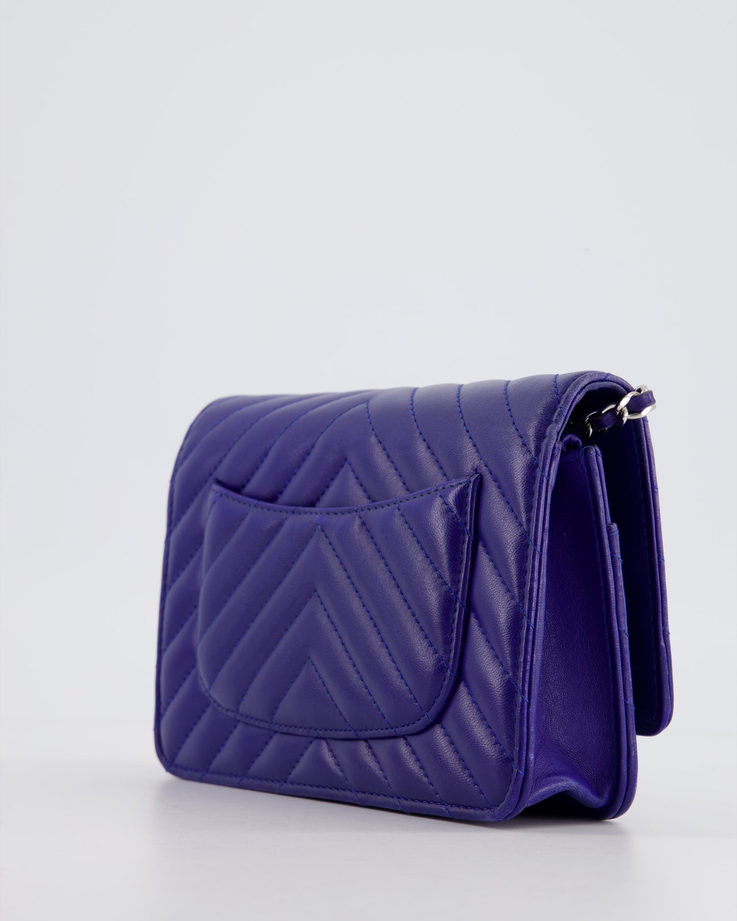 Chanel Cobalt Blue Chevron Wallet on Chain in Lambskin with Silver Hardware