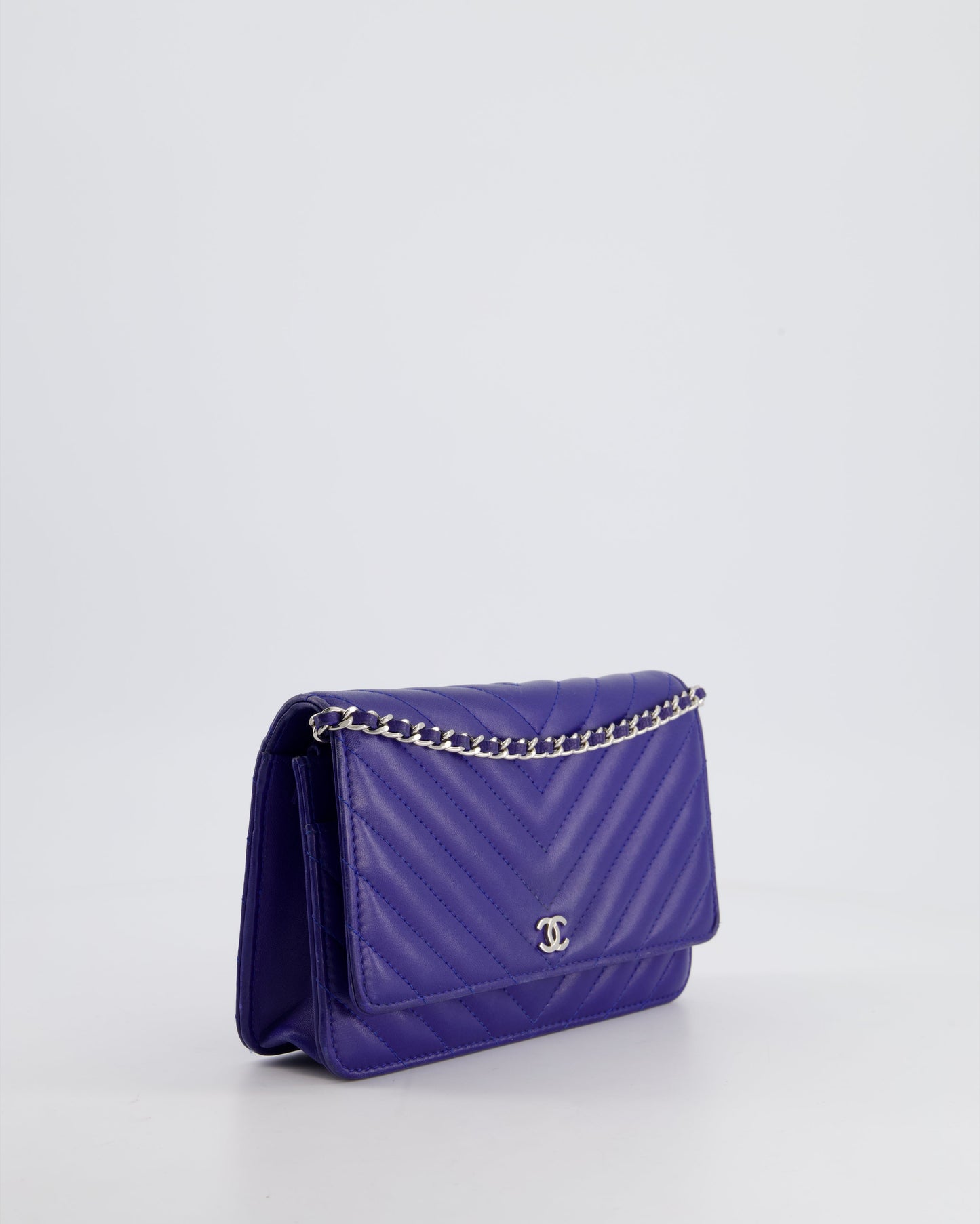 Chanel Cobalt Blue Chevron Wallet on Chain in Lambskin with Silver Hardware