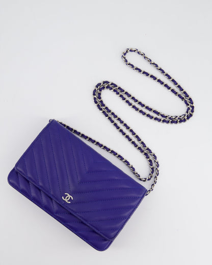 Chanel Cobalt Blue Chevron Wallet on Chain in Lambskin with Silver Hardware