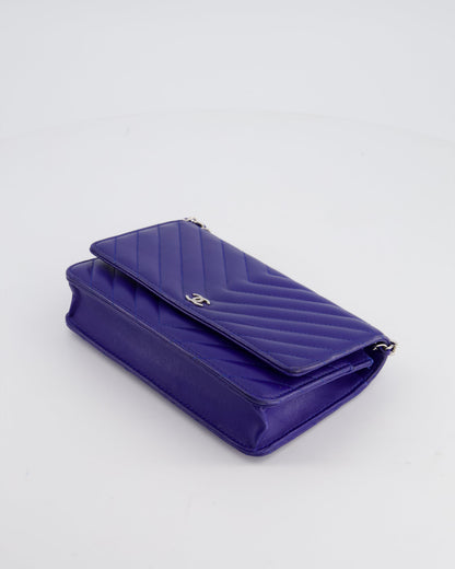 Chanel Cobalt Blue Chevron Wallet on Chain in Lambskin with Silver Hardware